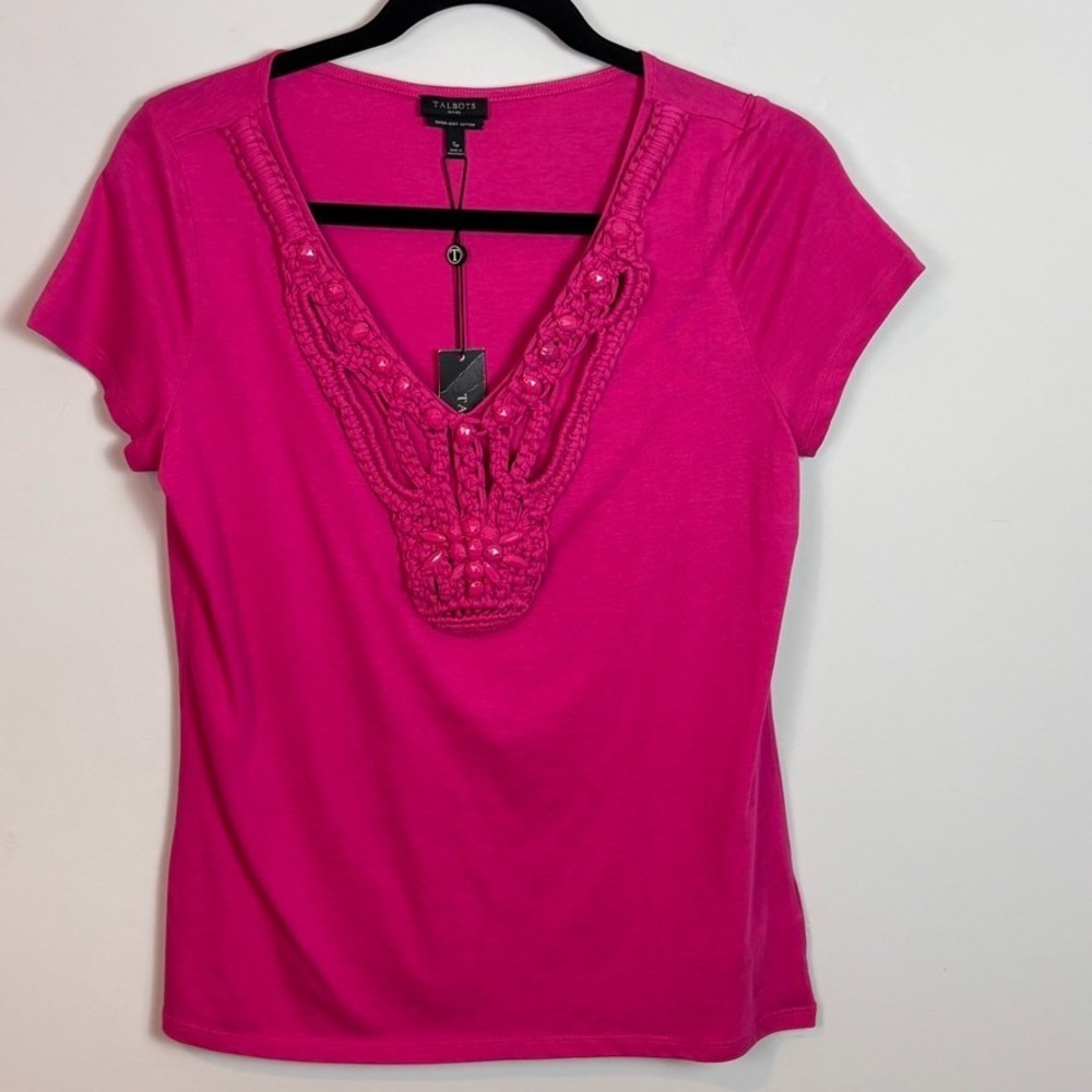 NEW Talbots Womens Pink V-Neck Beaded Crochet Cap Sleeve 100% Pima Cotton Tee PS